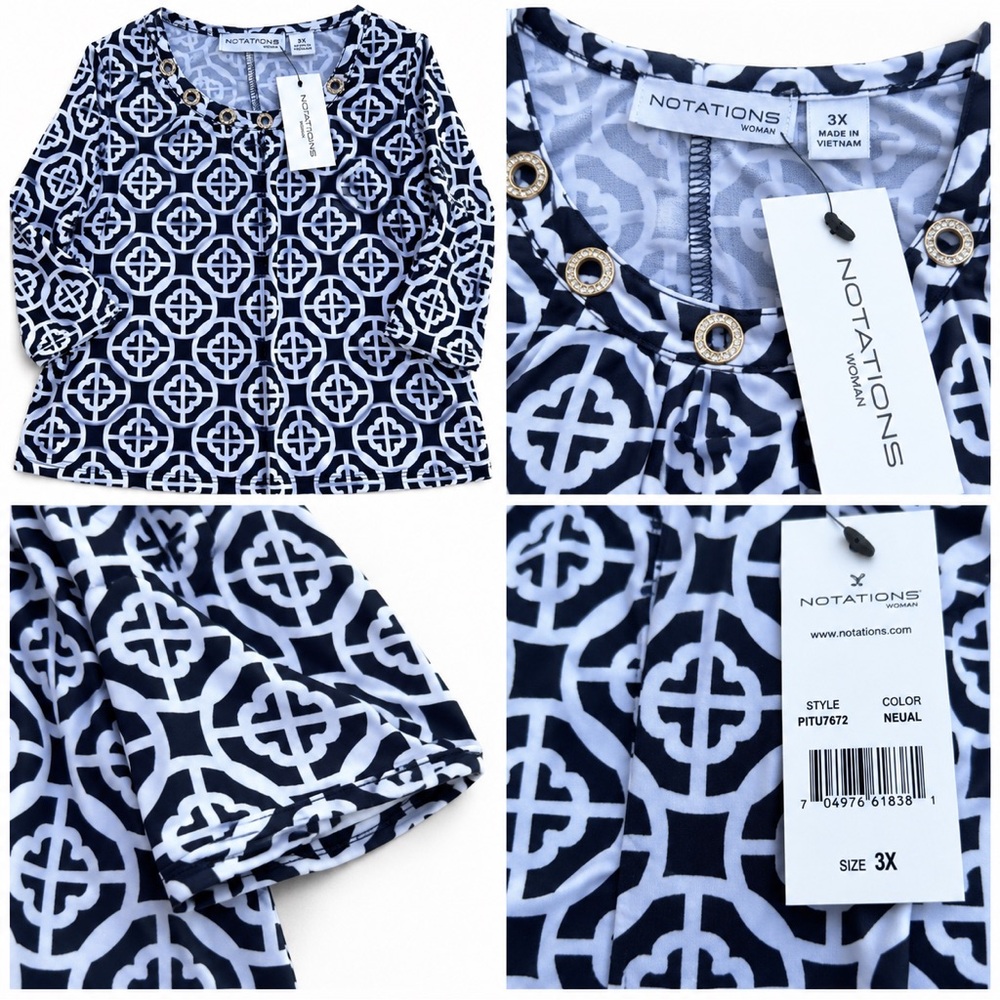 Notations Navy and White Geometric Long Sleeve Top with Grommet Neck